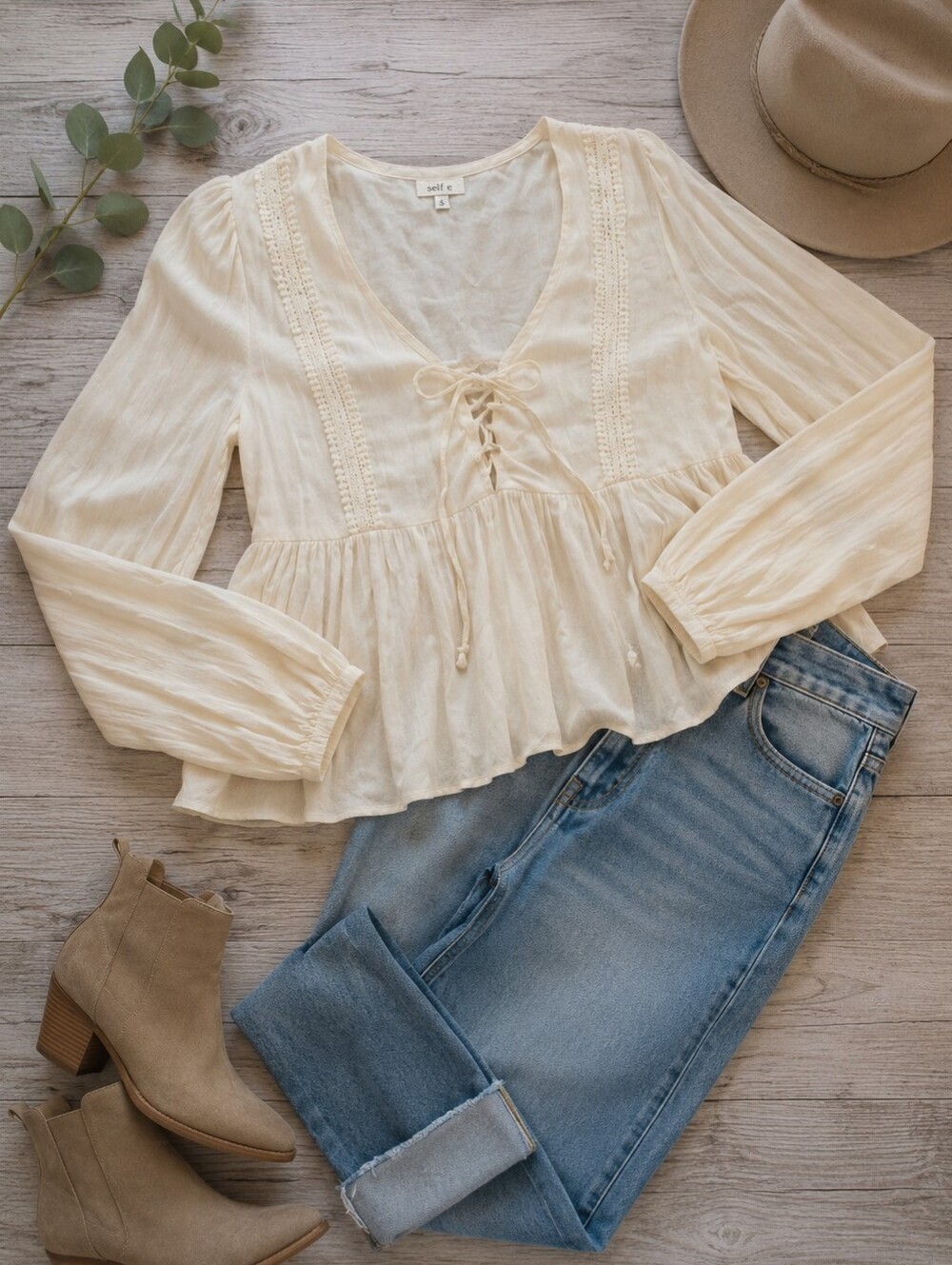 Self E Cream Tie Front Flowy Blouse
